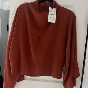 Zara Red Mandarin Collar Boxy Blouse